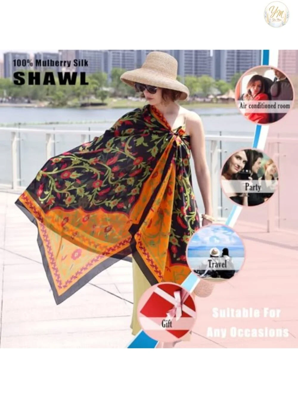 100% Mulberry Silk Shawl Wrap for Women Oversized Lightweight Pashmina Evening